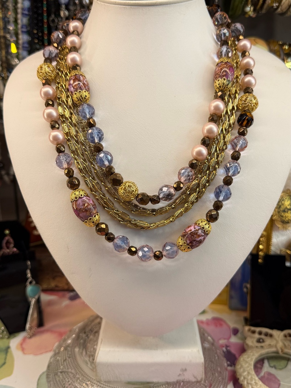Vintage Venation Glass Beads Pink, Lavender & Gold Chain Necklace